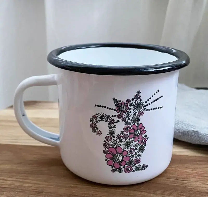 Emaljmugg Blommiga Katten | Premiumkvalitet